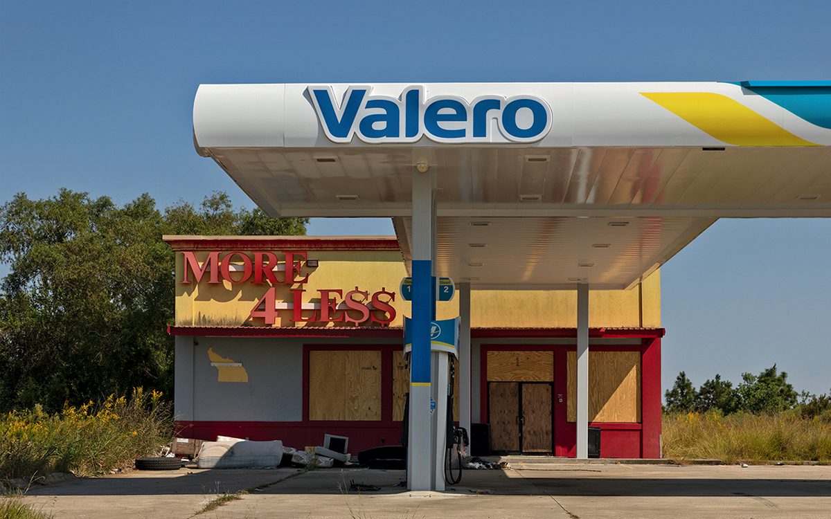 A hurricane-damaged gas station in Cameron.