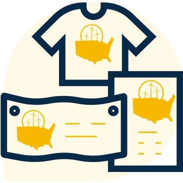 An illustration shows a tee-shirt, a banner, and a poster with the RF100 campaign graphic on each item.