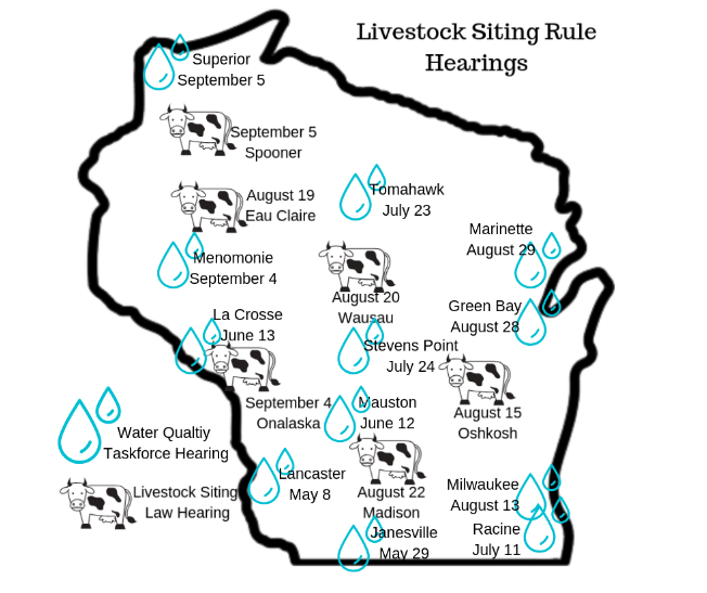 A map of livestock siting rule hearings in Wisconsin