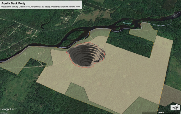 Google Earth visualization showing Back 40 Open Pit Sulfide Mine located 150 feet from Menominee River