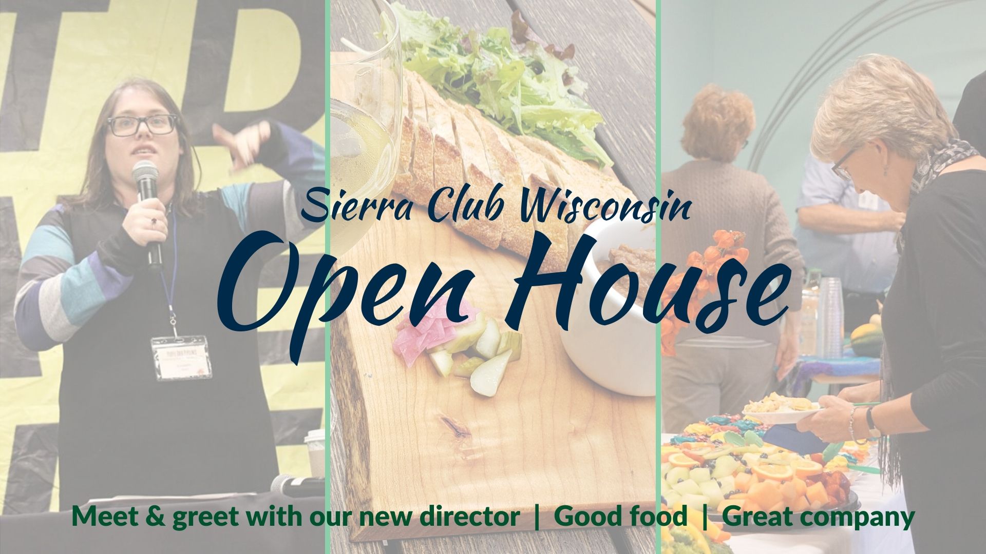 A three part image showing Elizabeth Ward, yummy snacks, and people at an open house-type event