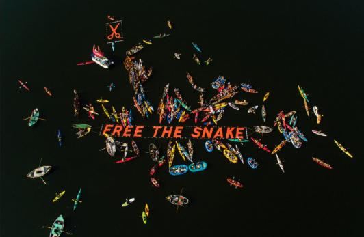 Aerial view of protesters on kayaks, holding a sign over the water that says "Free the Snake"