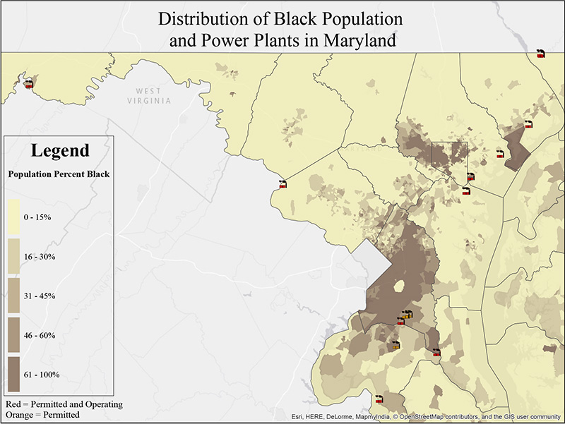 Distribution of Black Population and Power Plants in Maryland