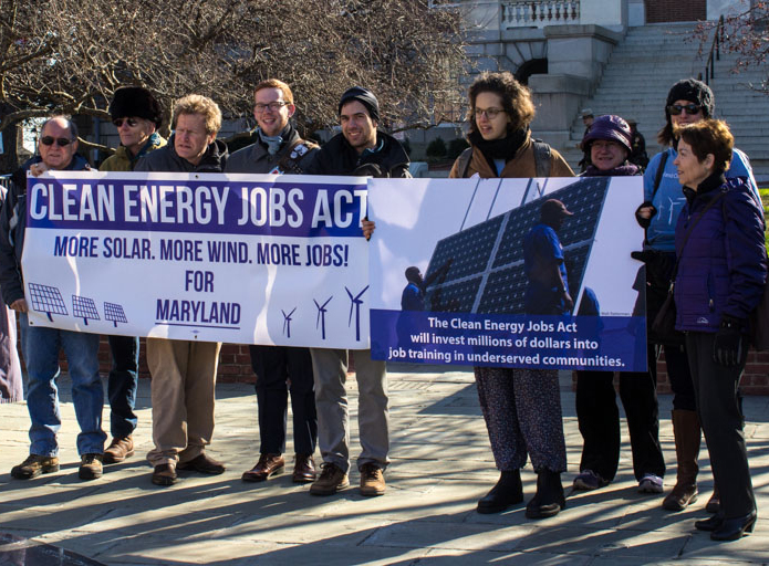 Clean energy advocates gather for rally at the MD State House on opening day of legislative session.
