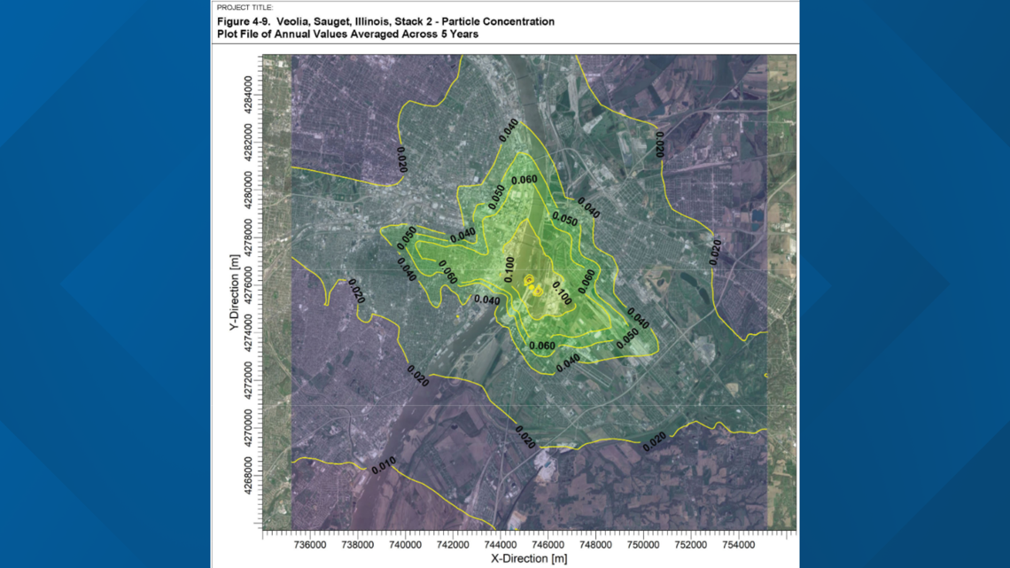 A map shows the particulate matter distribution from the Veolia Incinerator in Sauget. Photo courtesy EPA.