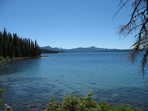 A large clear blue lake with evergreens alongside