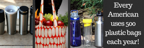 Reusable bottles, mugs, and bags