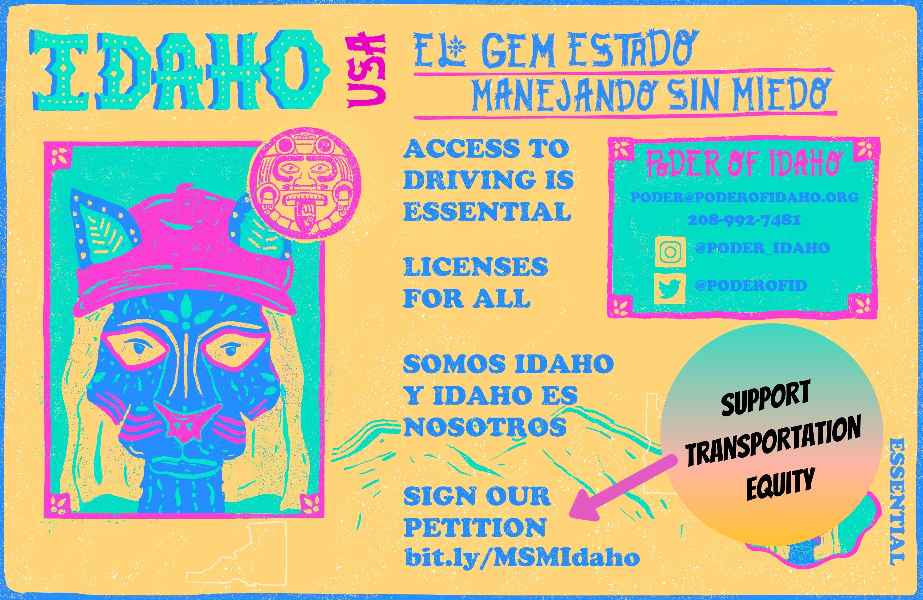 Support Transportation Equity, PODER of Idaho Manejando Sin Miedo Driving Without Fear campaign graphic and petition link