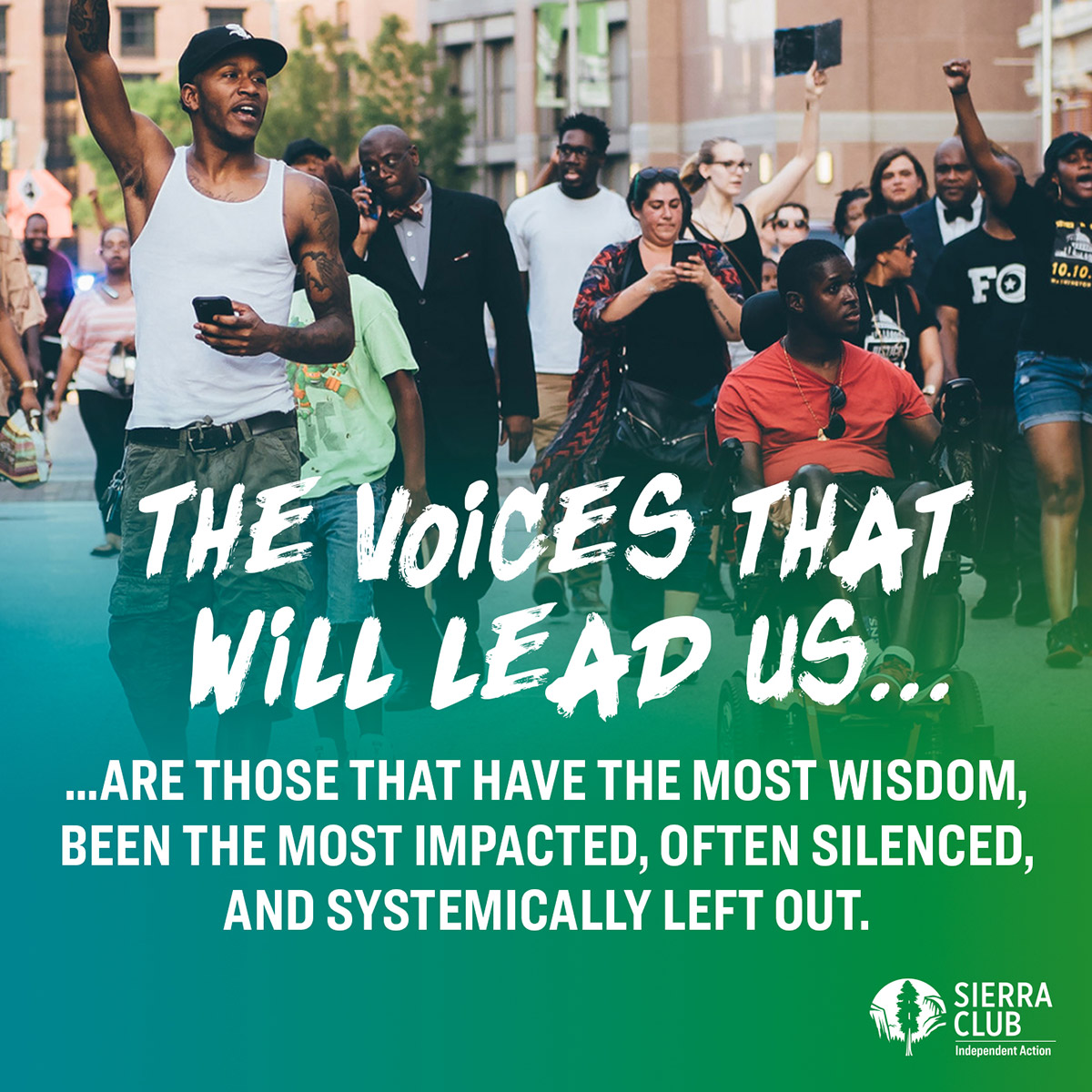 People of color protesting, says "The voices that will lead us are those that have the most wisdom, been the most impacted, often silenced, and systematically left out."