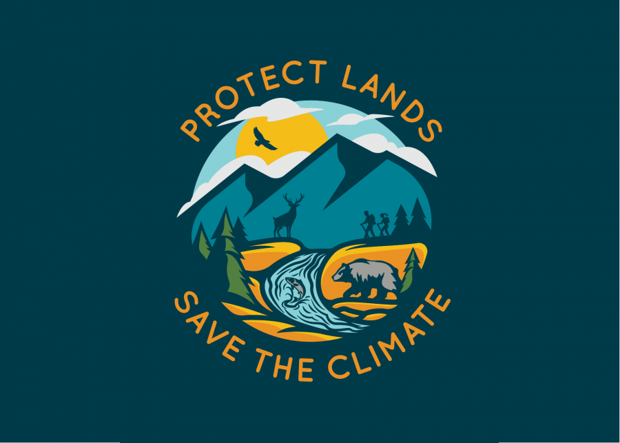 Graphics of animals in nature with words "protect lands, save the climate"