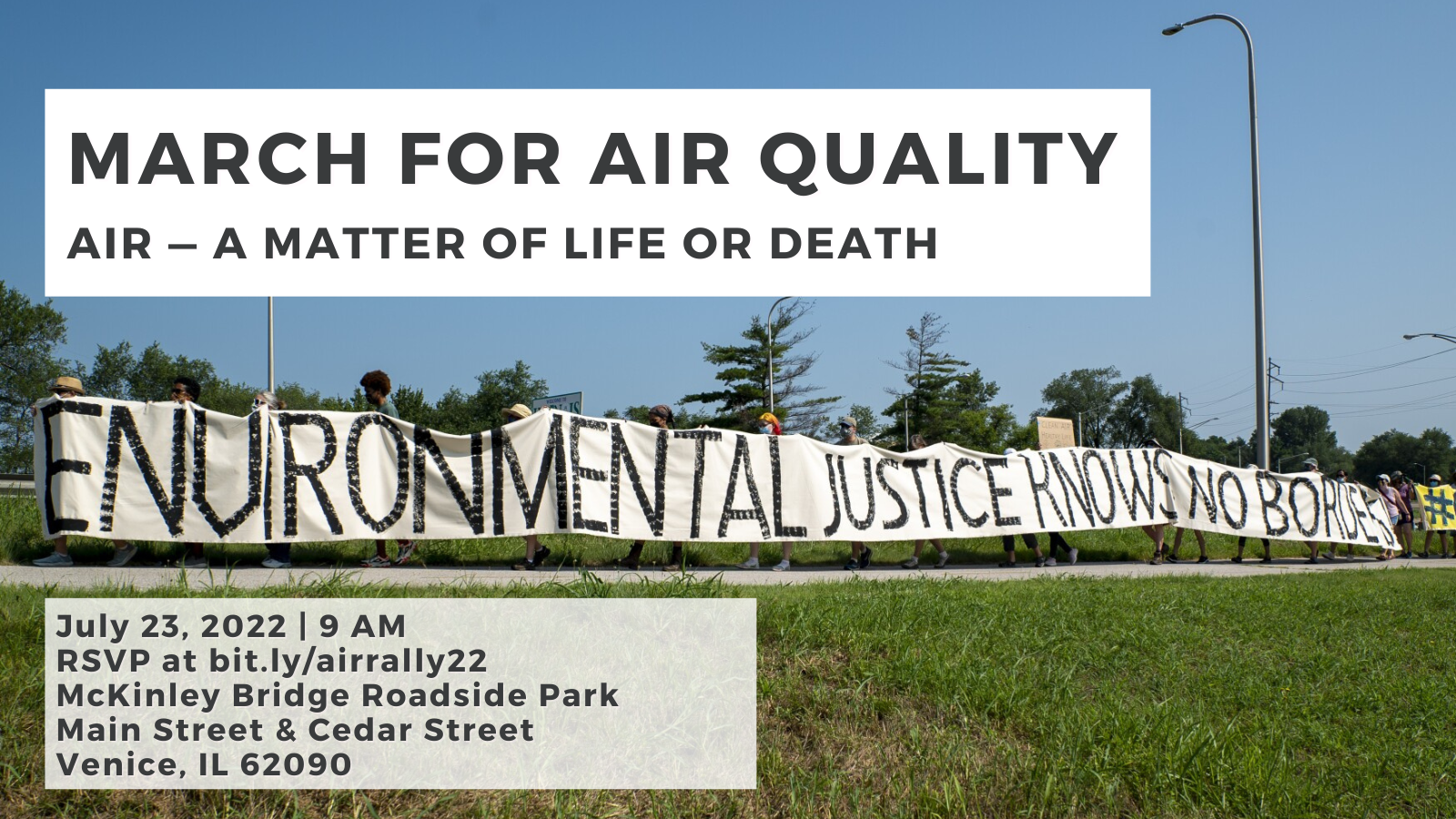 A graphic advertises the Air Quality Bridge Rally, which will take place on Saturday, July 23 at the McKinley Bridge.