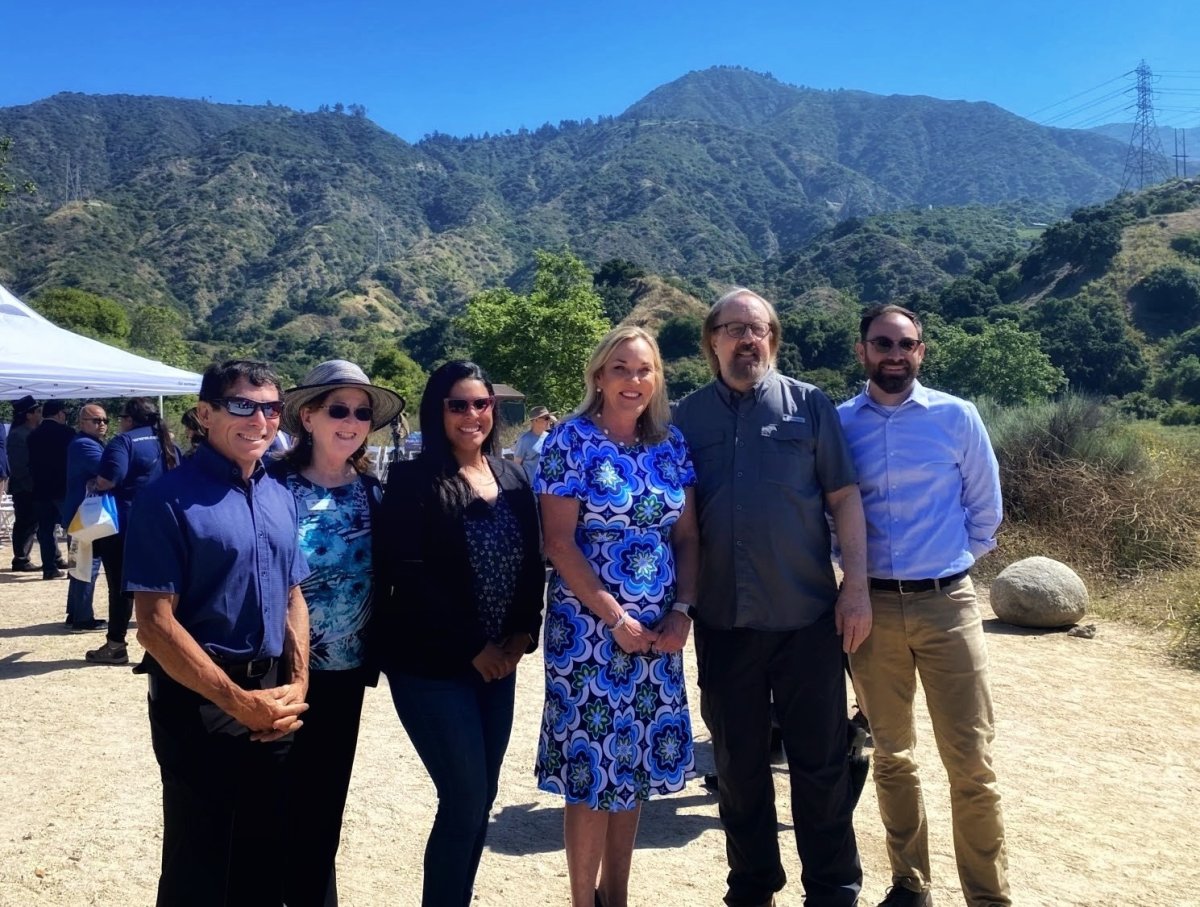 LA County Supervisor Kathryn Barger with (from left) Steve Messer, Sandra Cattell, Juana Torres, John Monsen, and Daniel Rossman. Photo credit: Morgan Goodwin. 