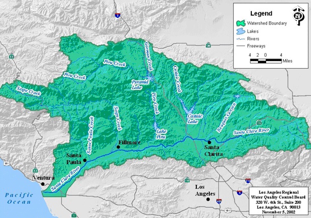 A map of the Santa Clara River watershed in southern California