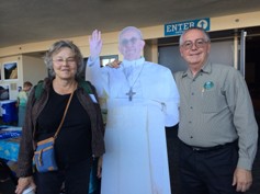 Chapter presenters Karen Maki and Bill Buchholz thank the Pope for his recent Encyclical on Climate Change and for attending the Soil Not Oil International Conference. Photo: Janet Buchholz