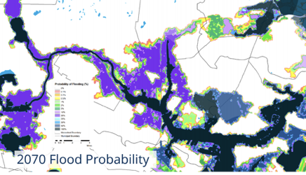 Probability of flooding during a 1/100 storm in 2070. Credit: Woods Hole Group