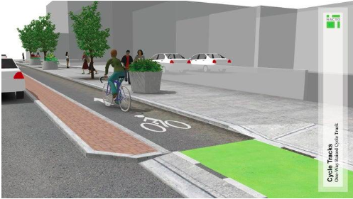 An artist's rendering of a city street with protected bike infrastructure