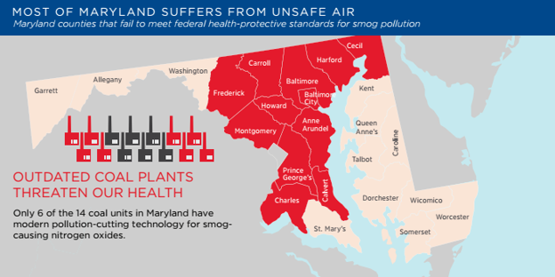 Map of Maryland showing areas with unsafe air