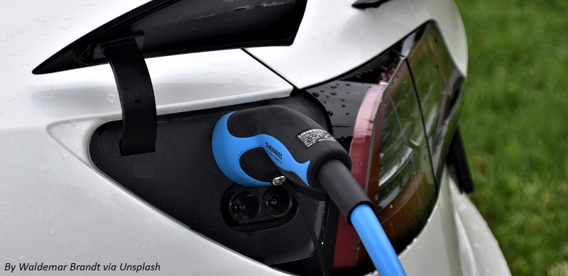 A close-up of the charging port on an electric vehicle with a plug inserted, and a grassy field in the background