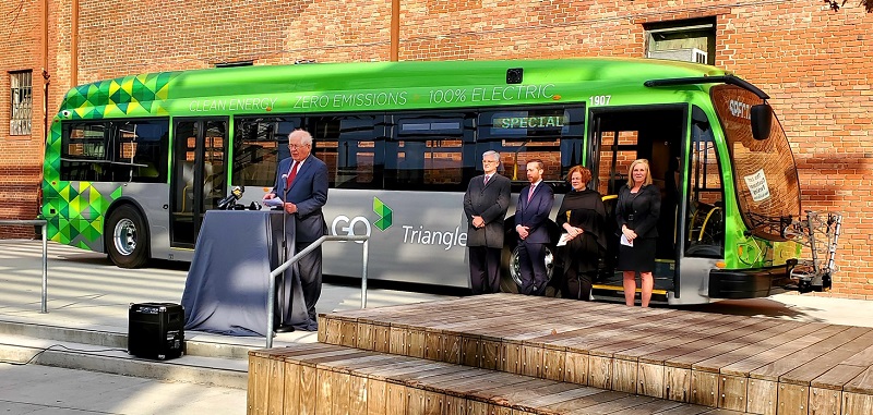 An electric bus is introduced as part of the GoTriangle transit fleet in North Carolina in January 2020