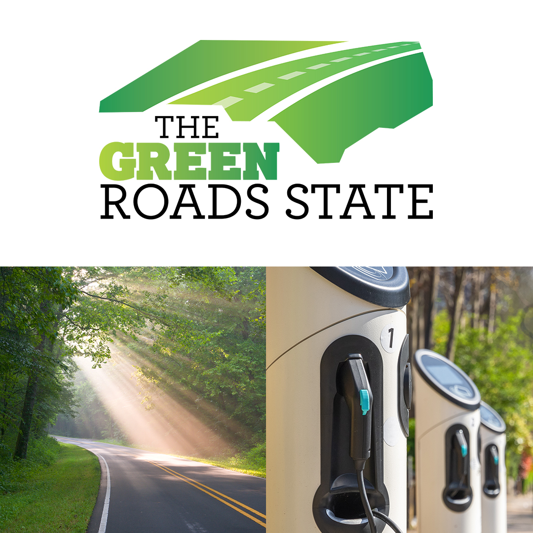 Green Roads campaign logo and picture of an EV being charged