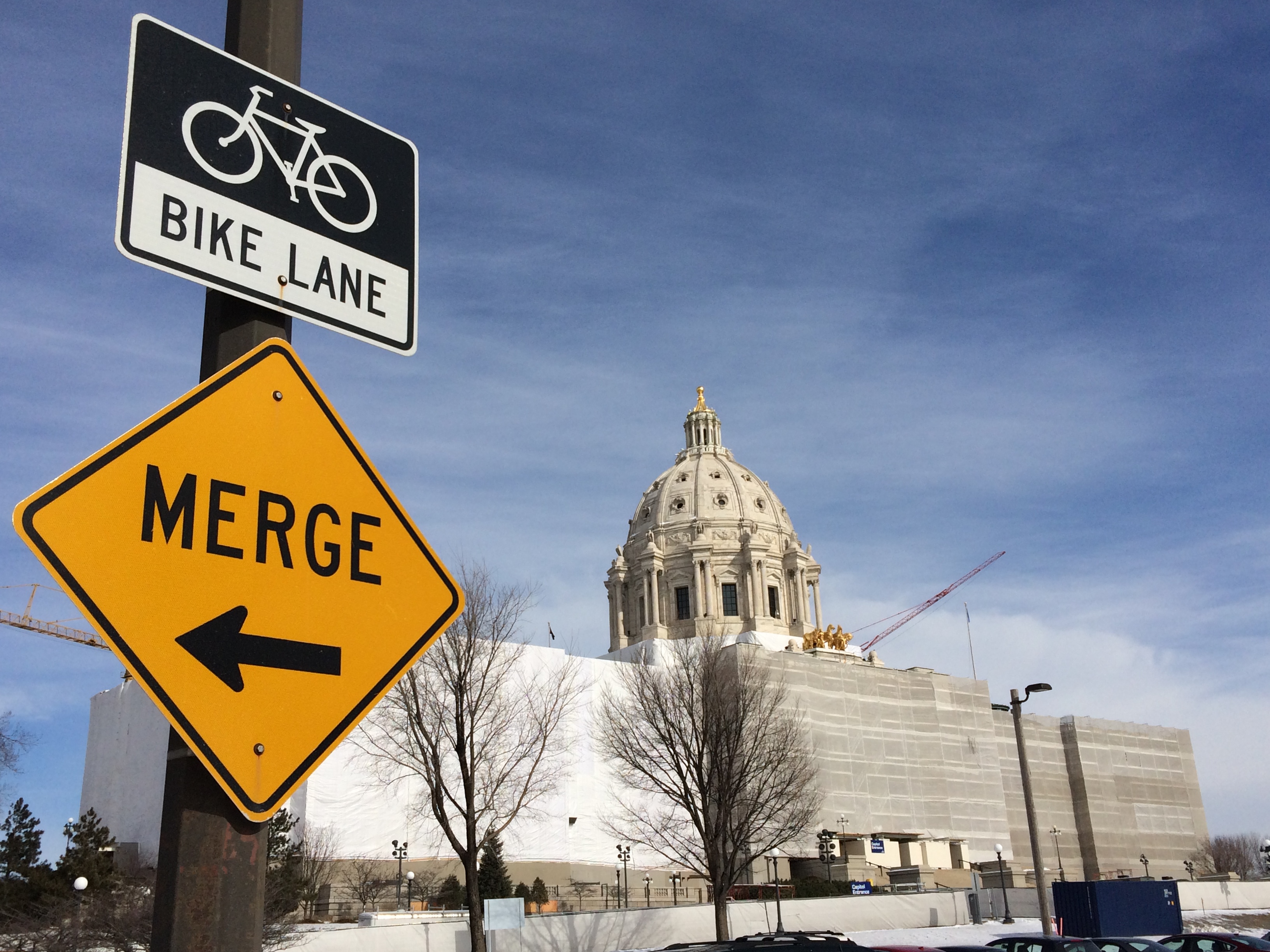 Minnesota State Capitol with traffic signs