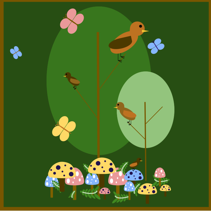 Graphic of Trees, Birds, Mushrooms, and Butterflies