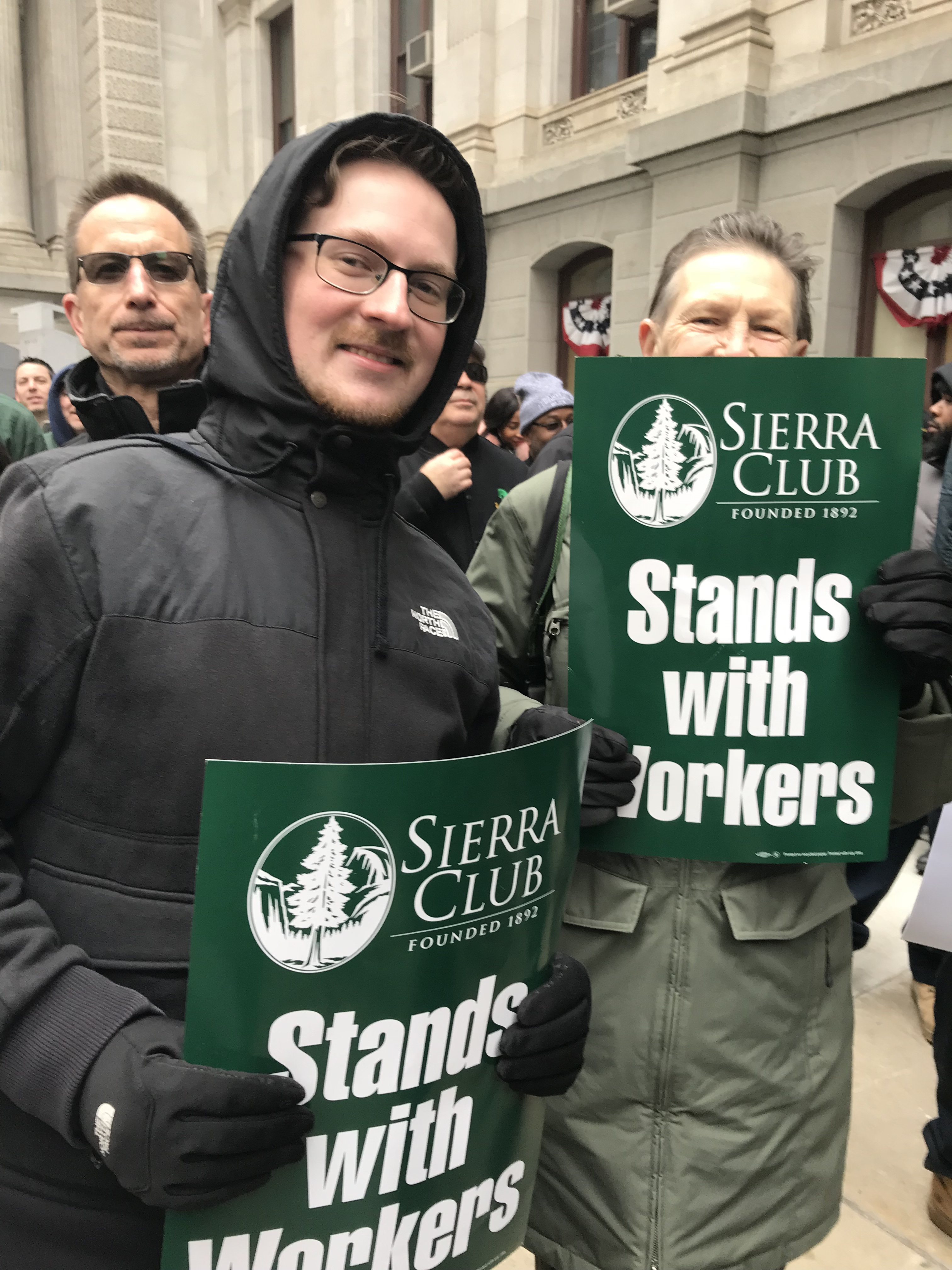 Robin Mann, Sierra Club, and Alex Cupo, PennFuture stand in solidarity with workers.