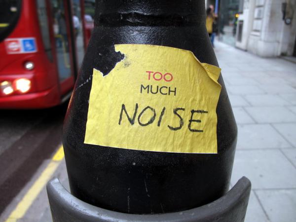 Sign placed on lamp post that says "Too Much Noise"