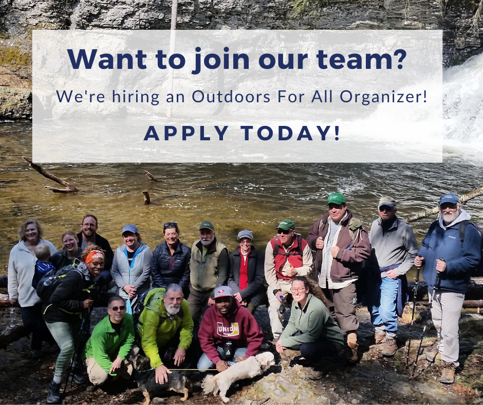 Sierra Club PA outing participants in front of a waterfall with the text: Want to join our team? We're hiring an Outdoors For All Organizer! Apply Today!