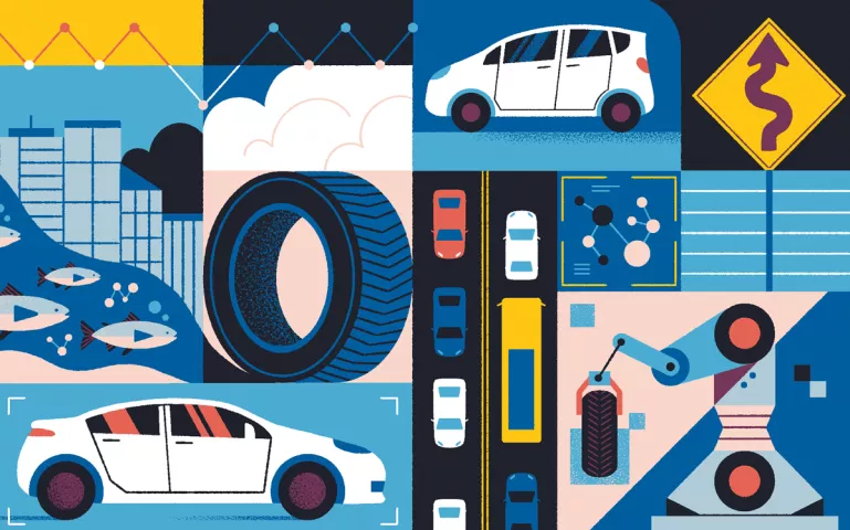 Illustration shows boxes with cars, roads, and city scenes