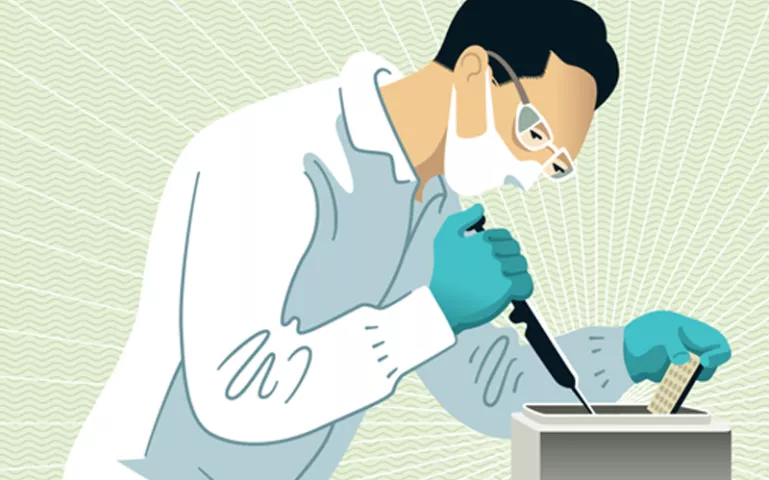 Illustration shows a lab technician with goggles and mask working on a box with a syringe.