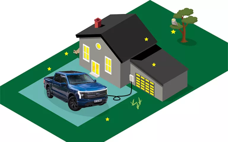 illustration of an electric car charging outside a house