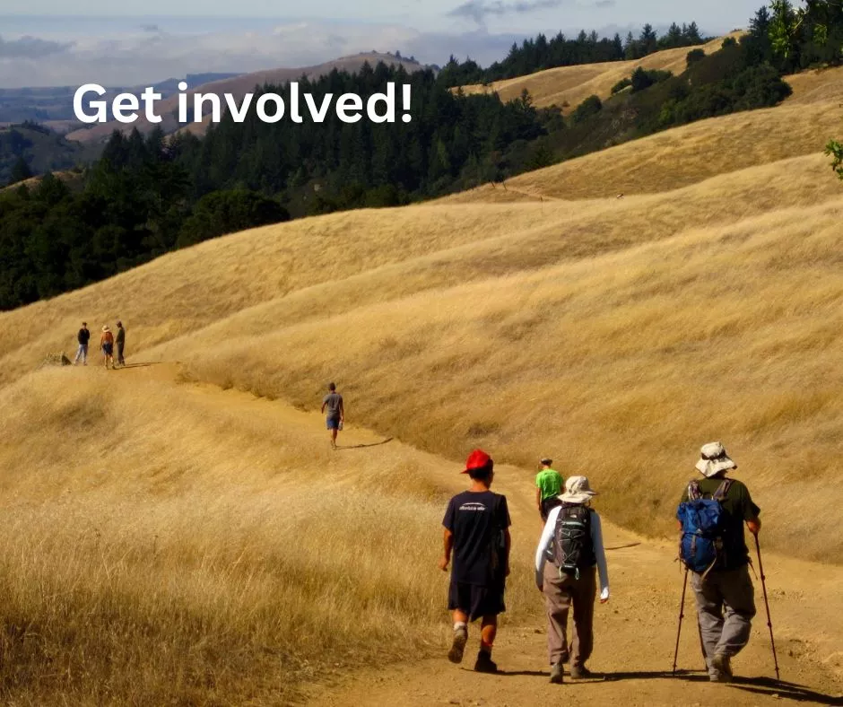 Text get involved. Photo of hikers in front of California golden hills 