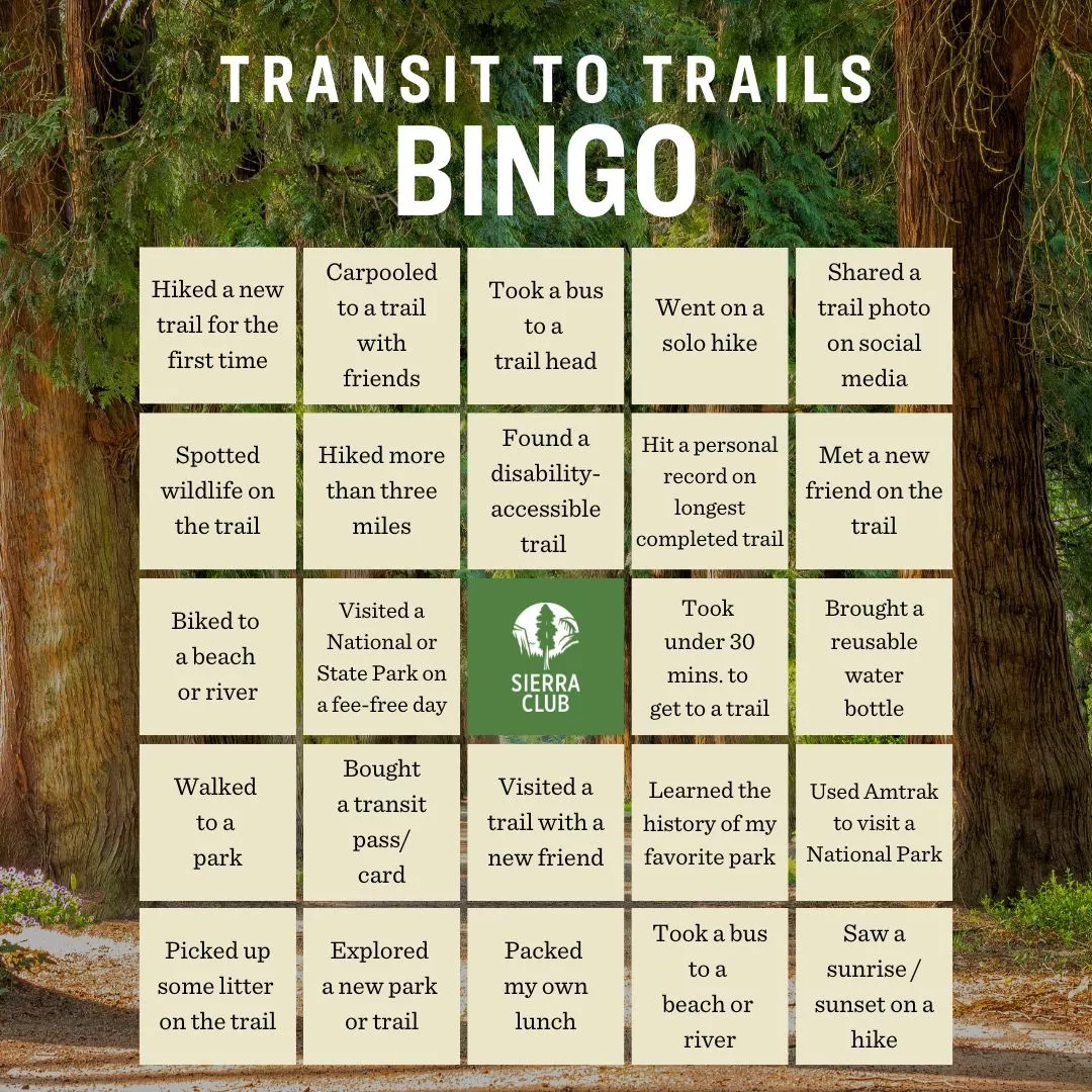 transit to trails themed bingo sheet