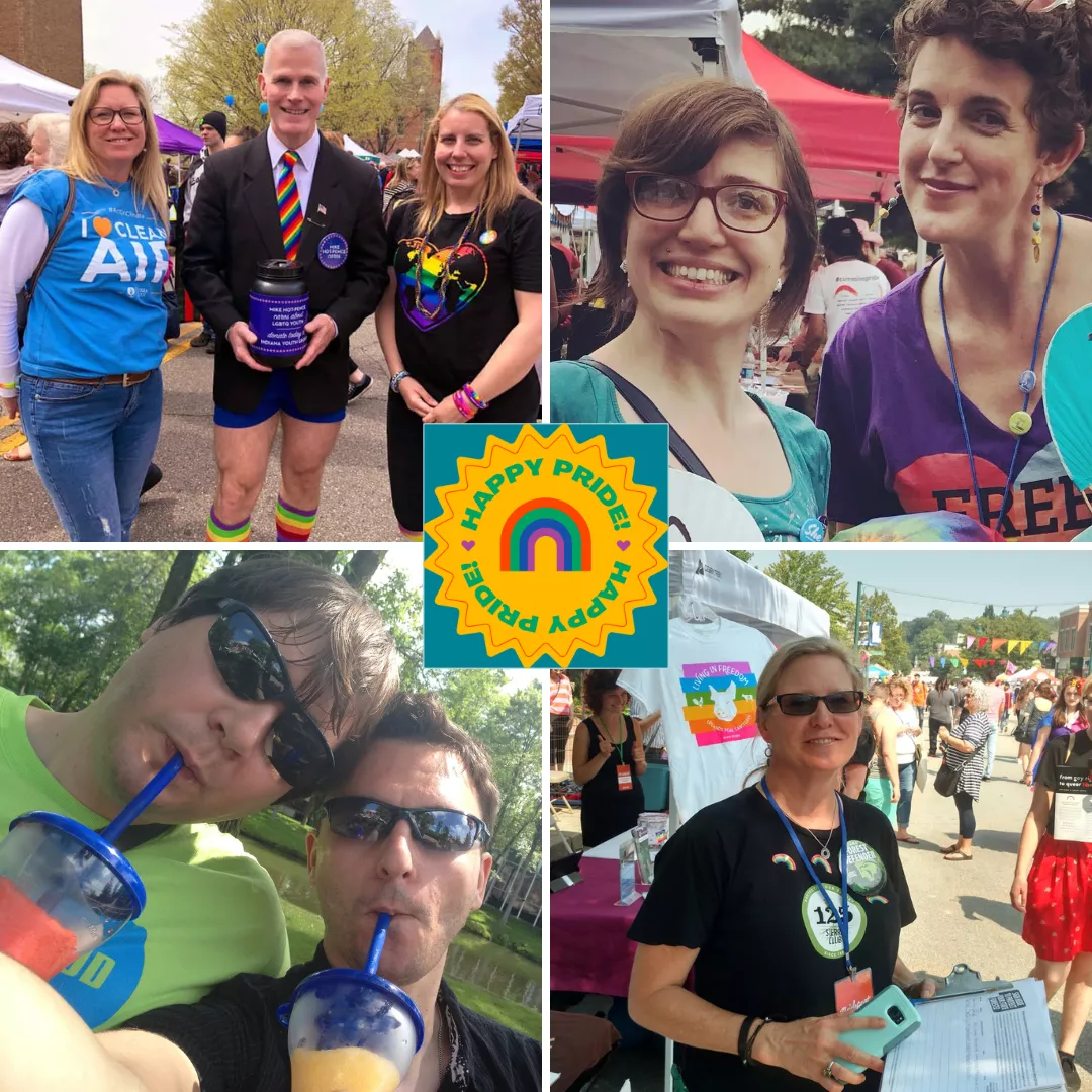 A graphic of four different photos, with a central smaller graphic saying Happy Pride with a sun and a rainbow. The photos clockwise are of: Two women with blonde hair standing either side of a man who looks like Mike Pence at a Pride festival. He's wearing a rainbow tie and holding a fundraising bucket. Both women are smiling. Two women with brown hair smiling at a Pride festival. A woman at a Pride festival wearing sunglasses and a Sierra Club 125years t-shirt. Two people with dark sunglasses drinking our