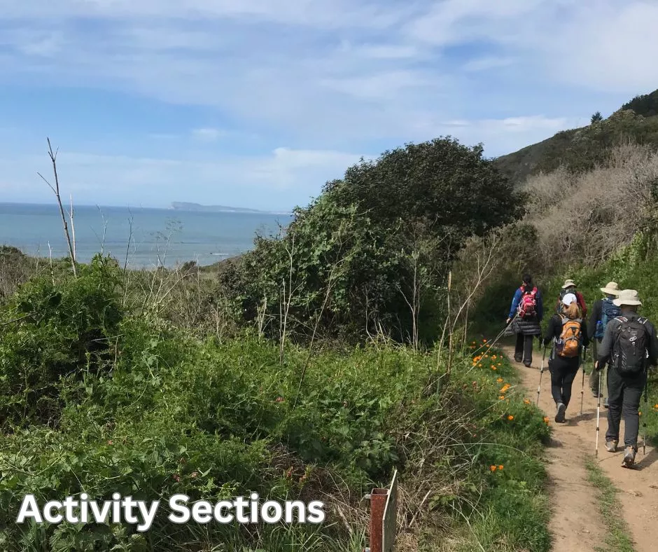 Activity Sections. 5 hikers on path on the right, ocean and vegetation on left.