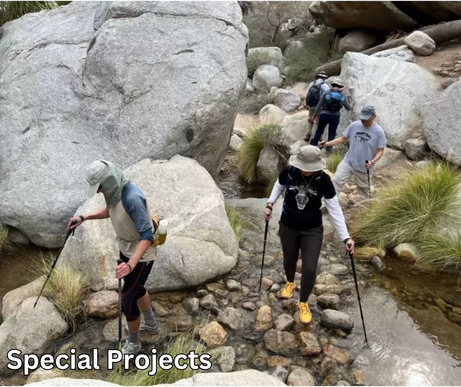 4 hikers crossing a stream using hiking poles