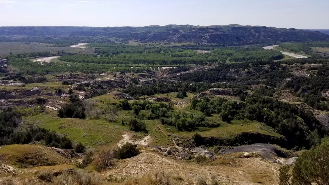 A doubled oxbow bend of the Little Missouri River