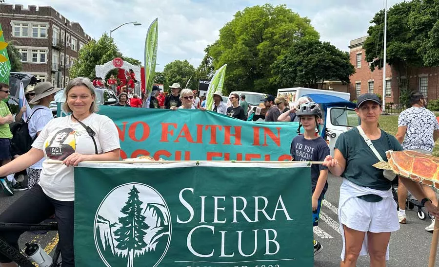 Anna Grossman (left) and Andrea Panico (right) holding the Sierra Club Banner.  Anna is the leader of SustainableMontclair, and has worked closely with the Sierra Club on artificial turf issues.  Andrea is the club’s state chair on zero waste issues and a member of the Gateway Group.  Photo credit Tracey Stephens