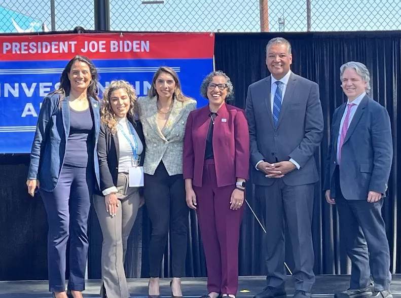  left to right, EPA Region 9 Director Martha Guzman, Yassi Kavezade, SCAQMD Chair Vanessa Delgado, CA Air Resources Chair Liane Randolph, US Senator Padilla, EPA Assistant Administrator Joseph Goffman. 