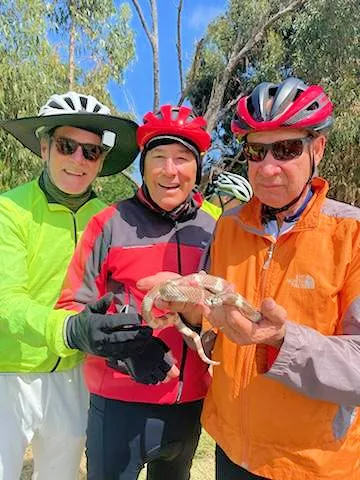 3 men holding a snake