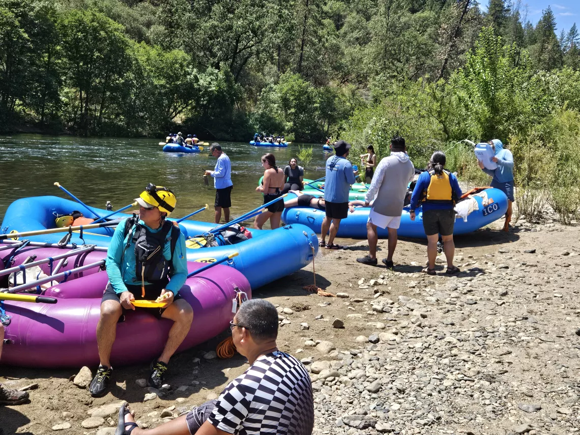 Relaxing at lunch with four rafts.