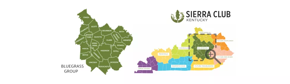 A map depicting the counties the Bluegrass Group encompasses: Anderson, Bath, Boyle, Bourbon, Clark, Estill, Franklin, Fayette, Garrard, Jackson Jessamine, Lincoln, Madison, Menifee, Mercer, Montgomery, Owen, Powell, Rockcastle, Scott, and Woodford counties.