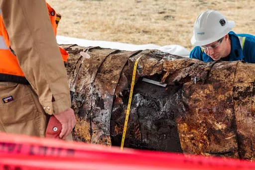 Plains Pipeline and U.S. Transportation officials inspect the ruptured line in May 2015. 