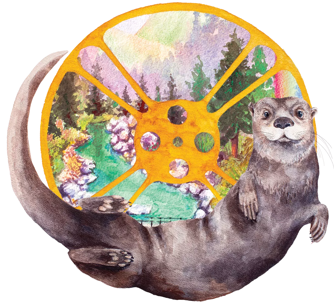 watercolor illustration of otter in front of film reel with nature scene behind