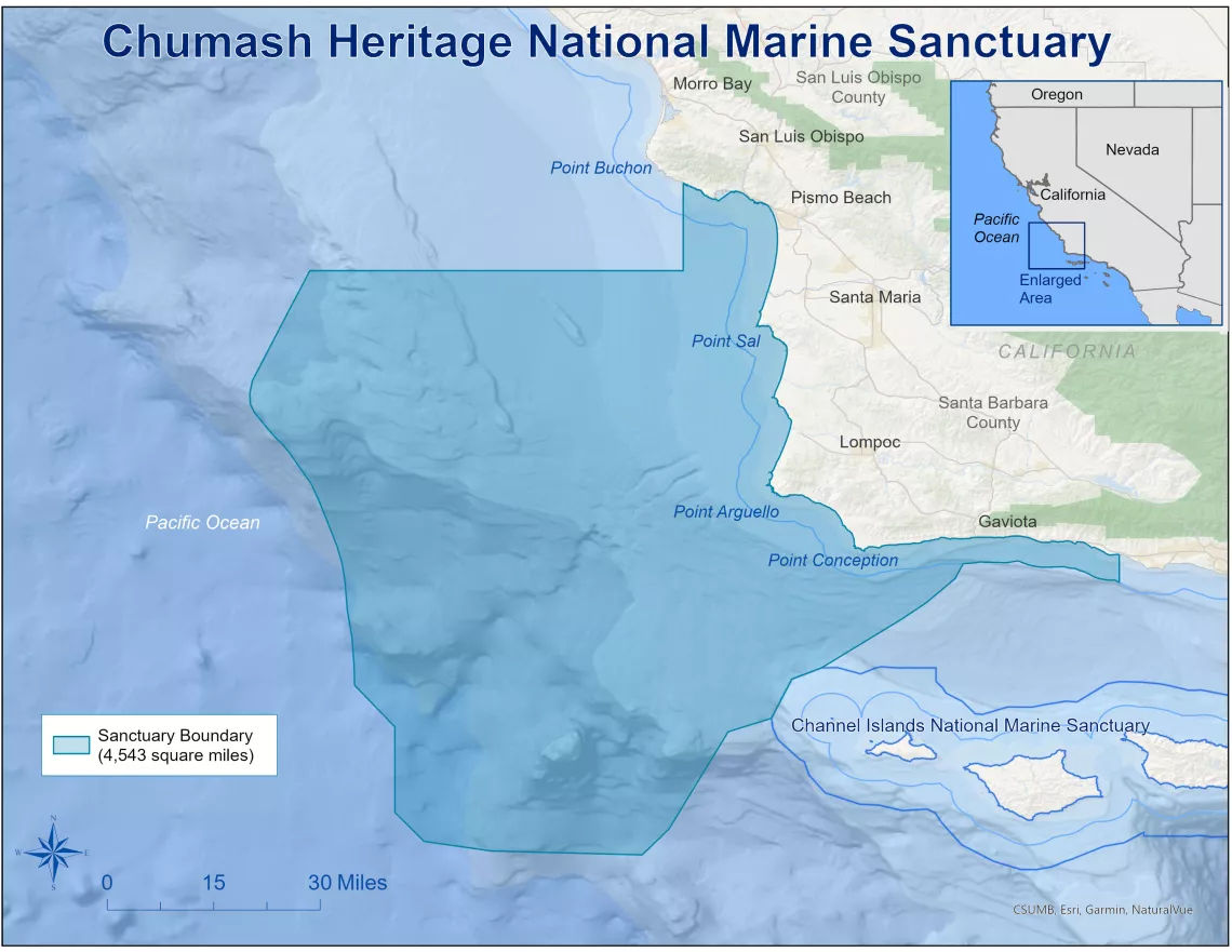 A map of the Chumash Sanctuary on the central coast of California extending from avila to gaviota. credit NOAA