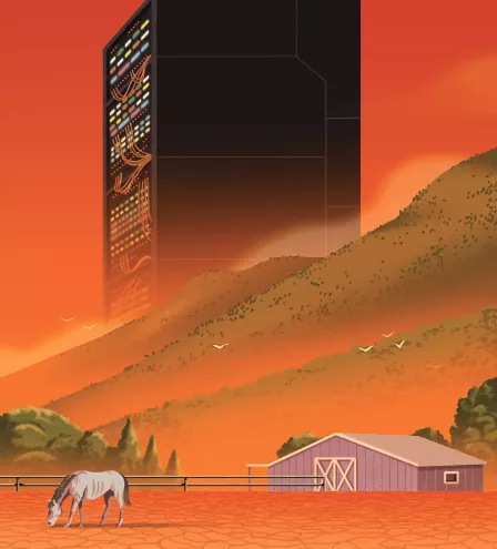 A data center depicted behind farmland