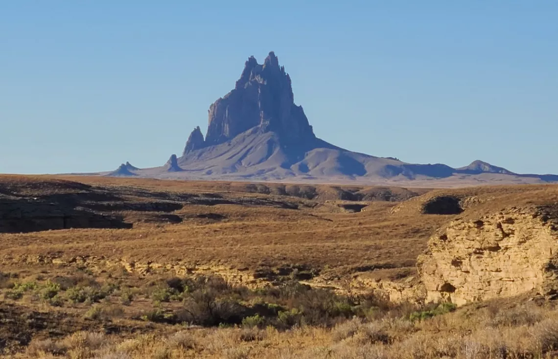 Shiprock 7 mi away looking south. Picture from US 64, just west of the town of Shiprock.