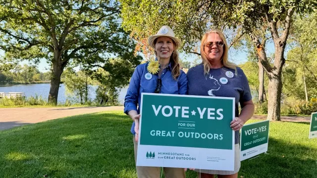 Janette Dean (left), volunteer leader with the Forests and Wildlife Stewards Team, attended the campaign kickoff event at Thompson Park in Dakota County.