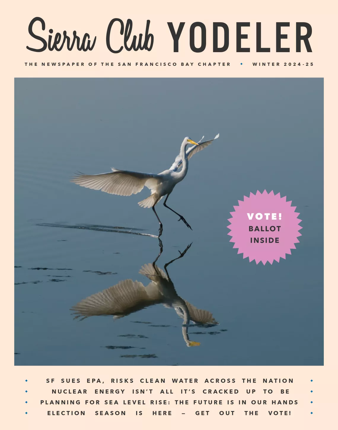 Winter 2024-25 Yodeler cover with a white egret skimming its feet across the water